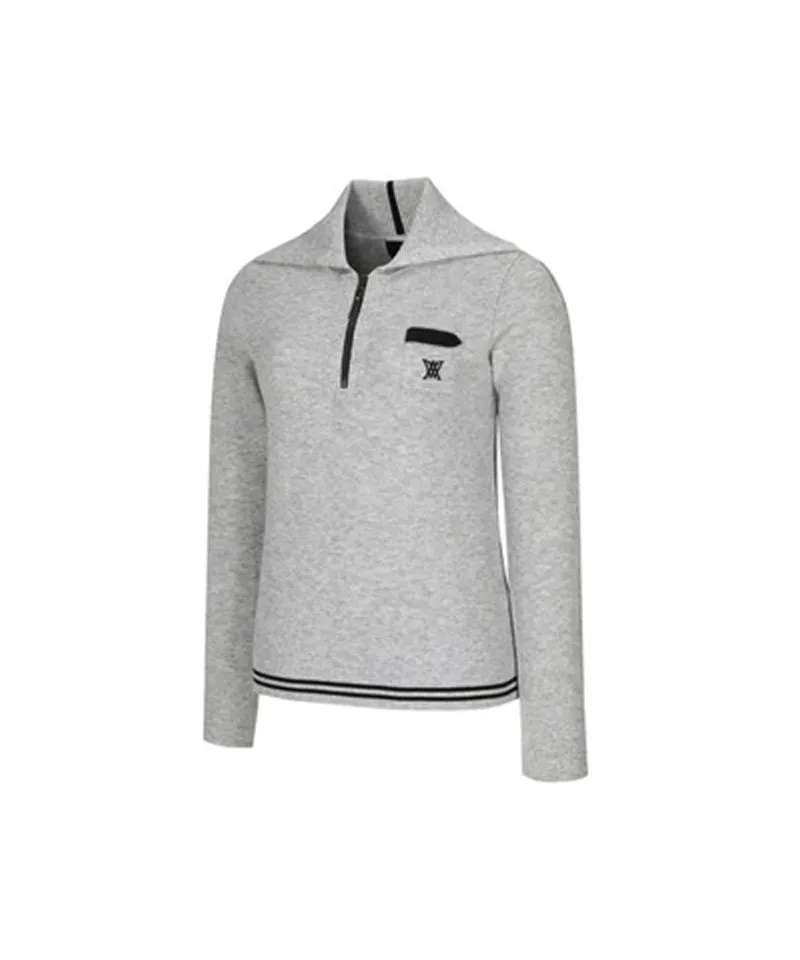Women's Wide Collar Half Zip-Up Pullover - Mellange Gray