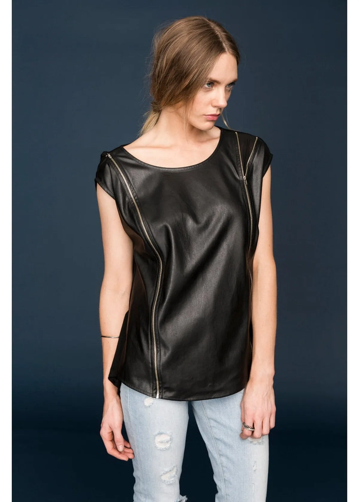 Women's Zip Shoulder Leather Front Top