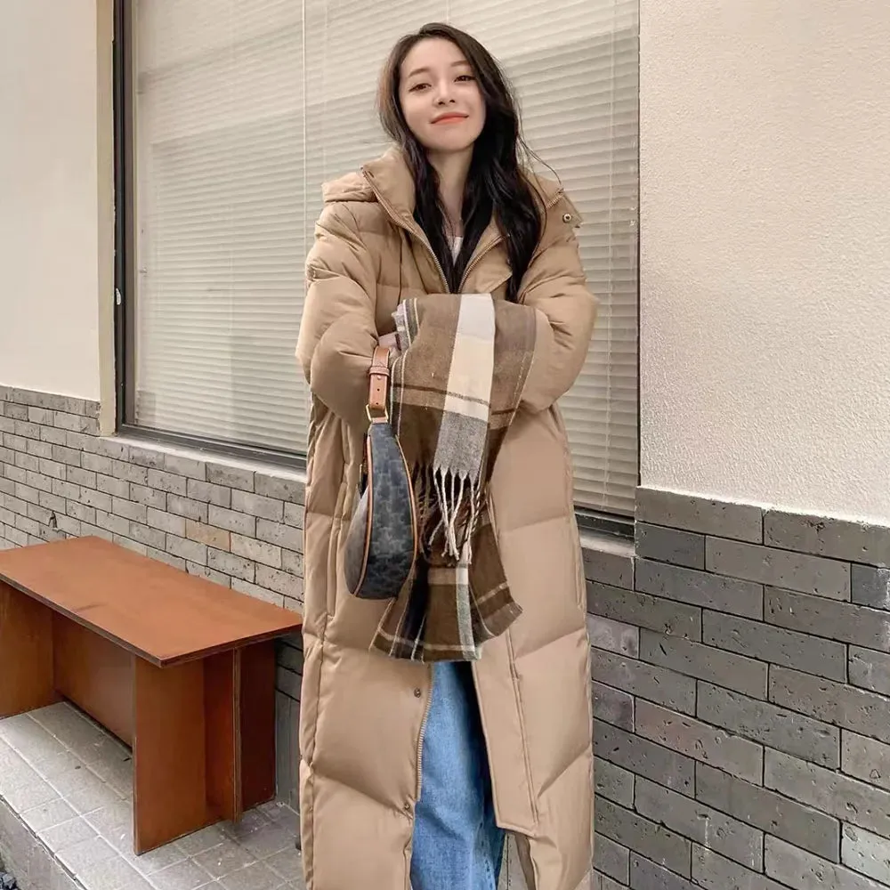 Womens's Long Straight Puffer Winter Coat Casual Lady's Parka Hooded Stylish Winter Down Coat