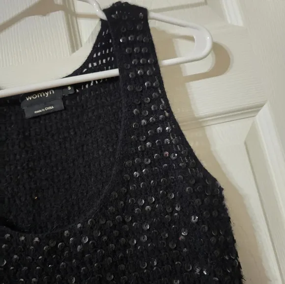Womyn Lambs Wool &amp; Angora Rabbit Hair Black Knit Sweater Tunic w/ Sequins, EUC!