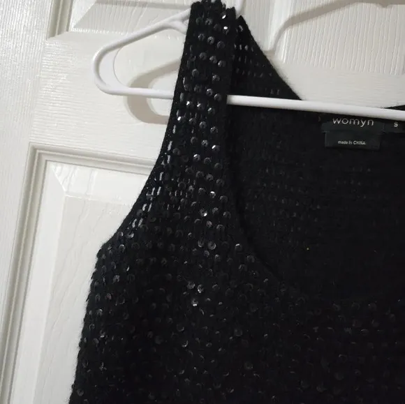 Womyn Lambs Wool &amp; Angora Rabbit Hair Black Knit Sweater Tunic w/ Sequins, EUC!