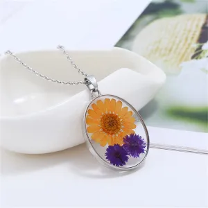 Yellow & Purple Pressed Mum Oval Pendant Necklace