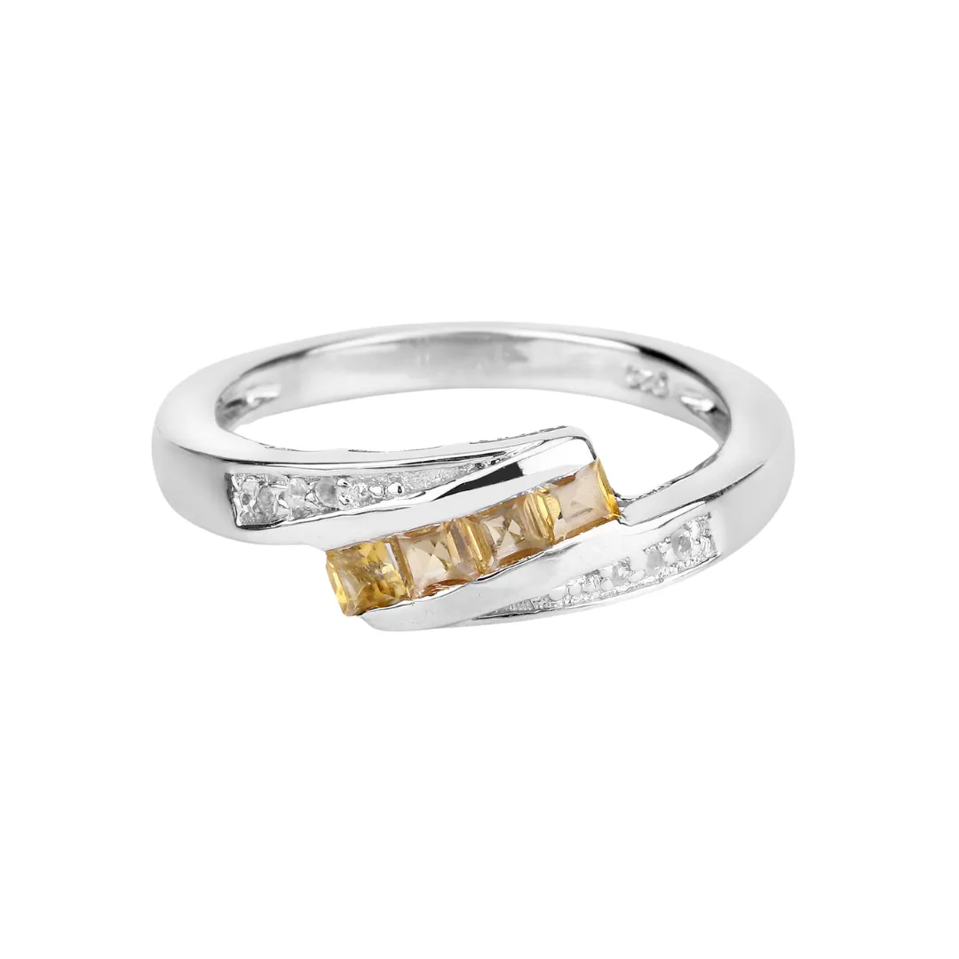 Yellow Beryl and White Zircon Bypass Silver Ring