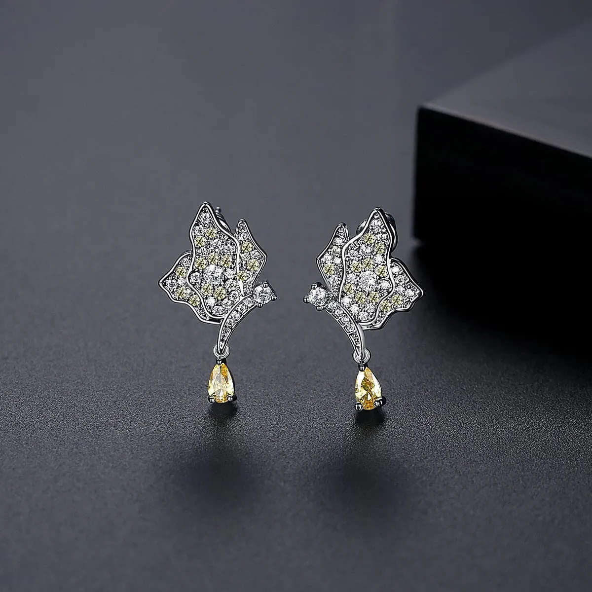 Yellow Crystal & Silver-Plated Butterfly Drop Earrings