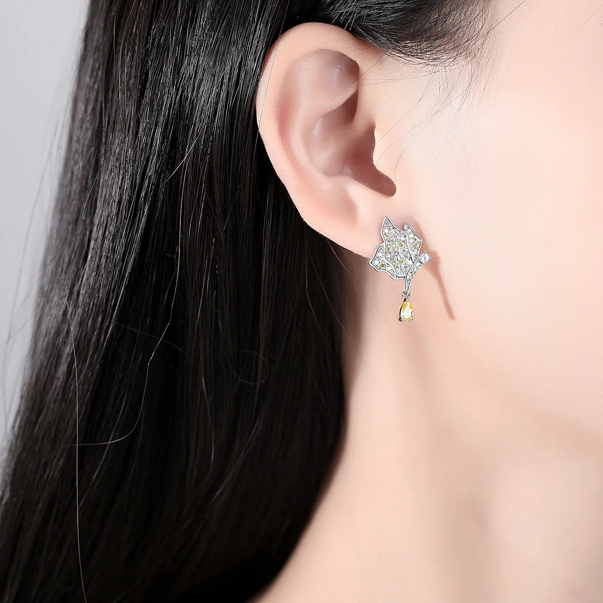 Yellow Crystal & Silver-Plated Butterfly Drop Earrings