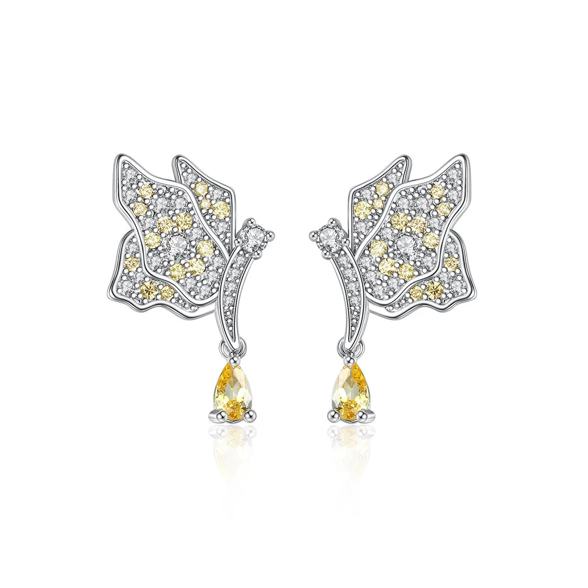 Yellow Crystal & Silver-Plated Butterfly Drop Earrings