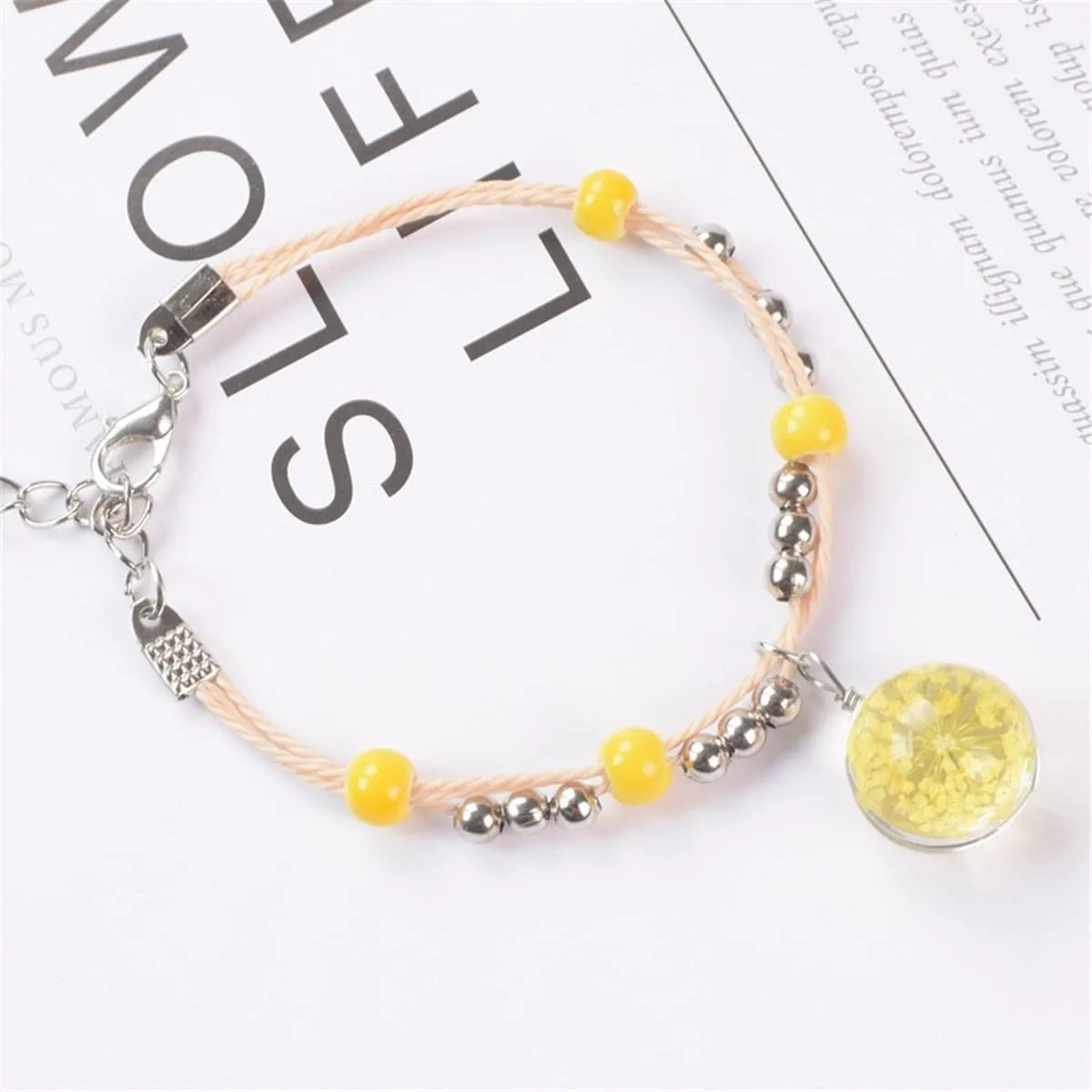 Yellow Gypsophila & Silver-Plated Bead Adjustable Charm Bracelet