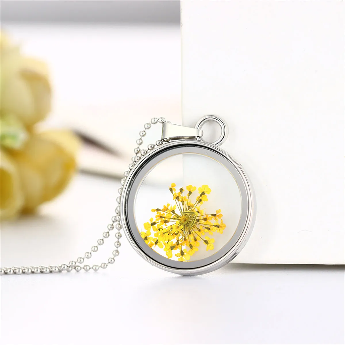 Yellow Gypsophila & Silver-Plated Resin Round Pendant Necklace