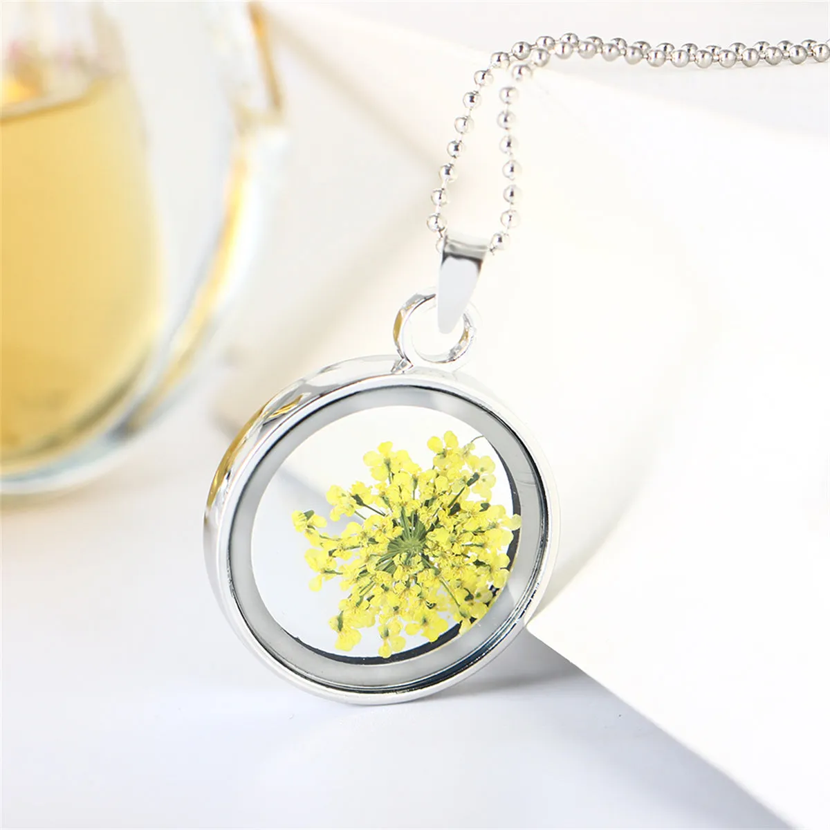 Yellow Gypsophila & Silver-Plated Resin Round Pendant Necklace