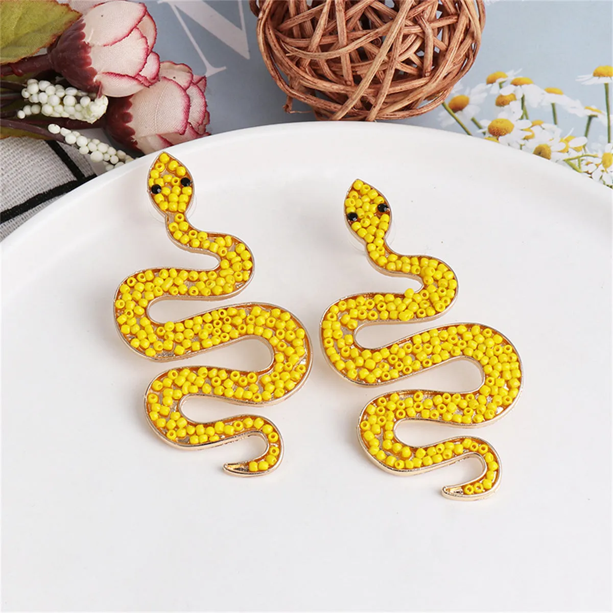 Yellow Howlite & 18K Gold-Plated Snake Dangle Earrings