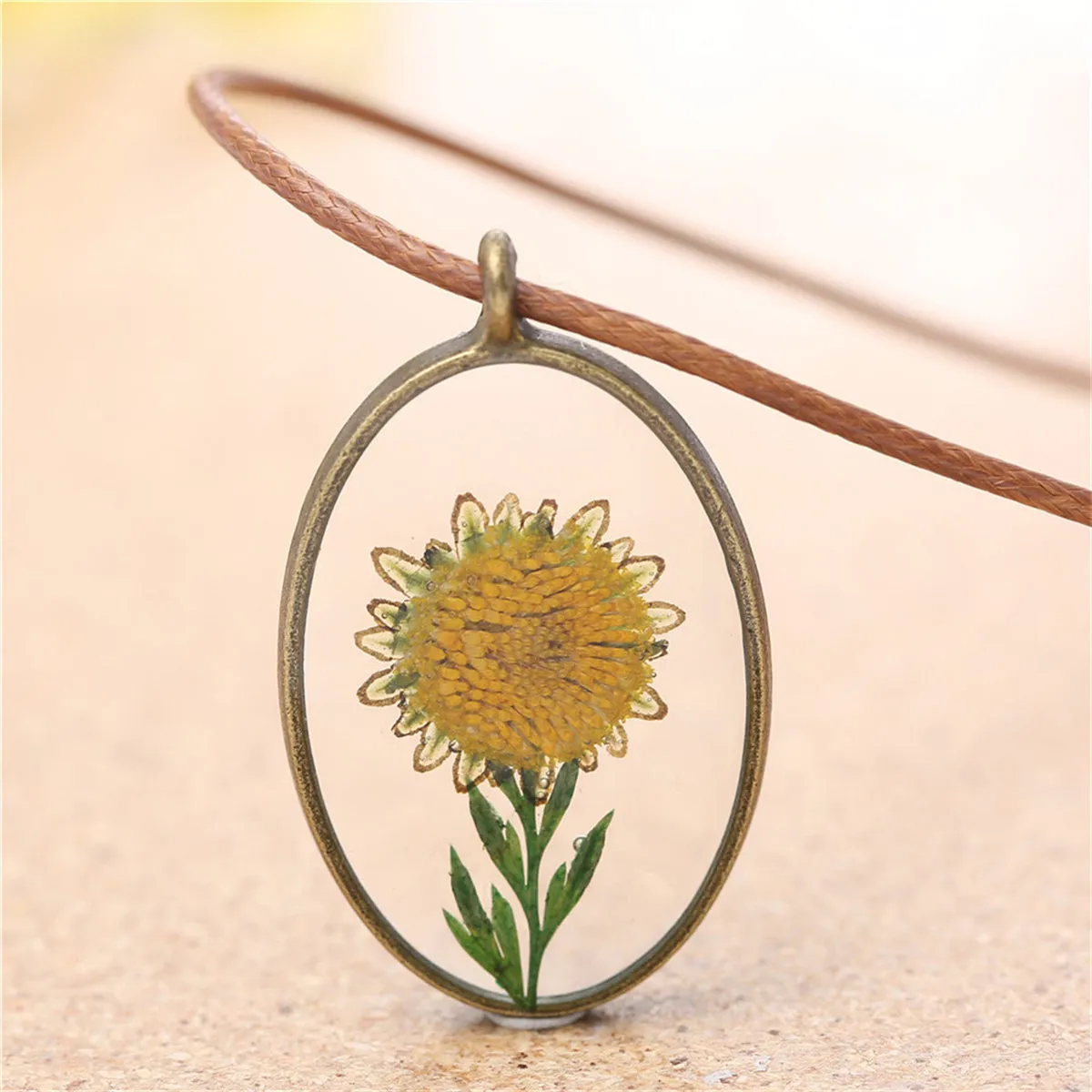 Yellow Mum Oval Pendant Necklace