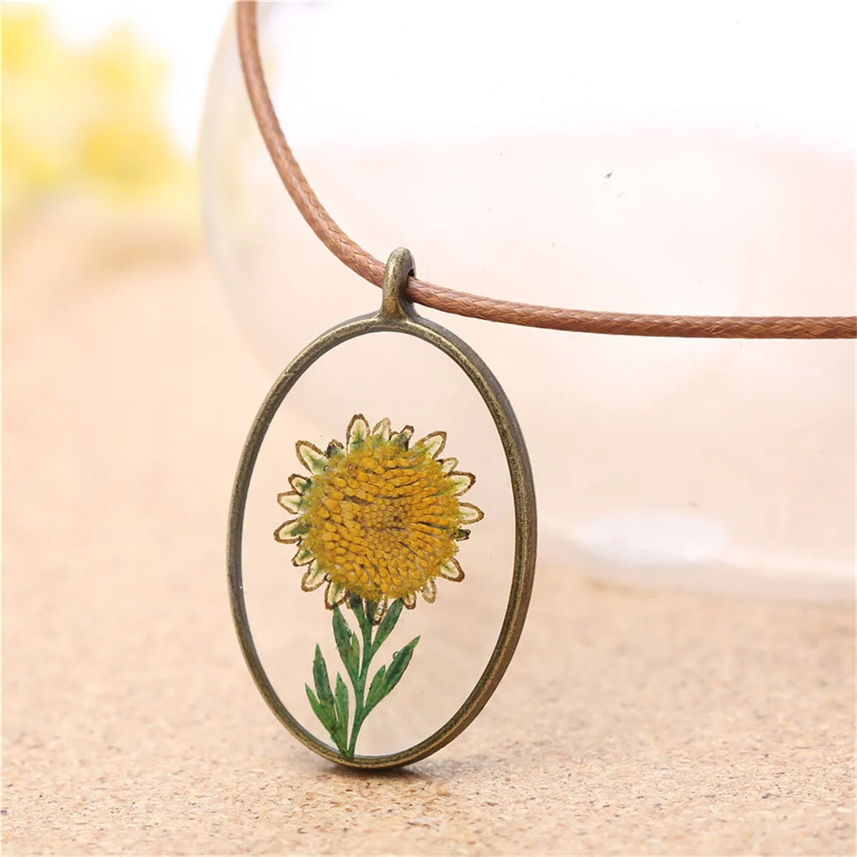 Yellow Mum Oval Pendant Necklace