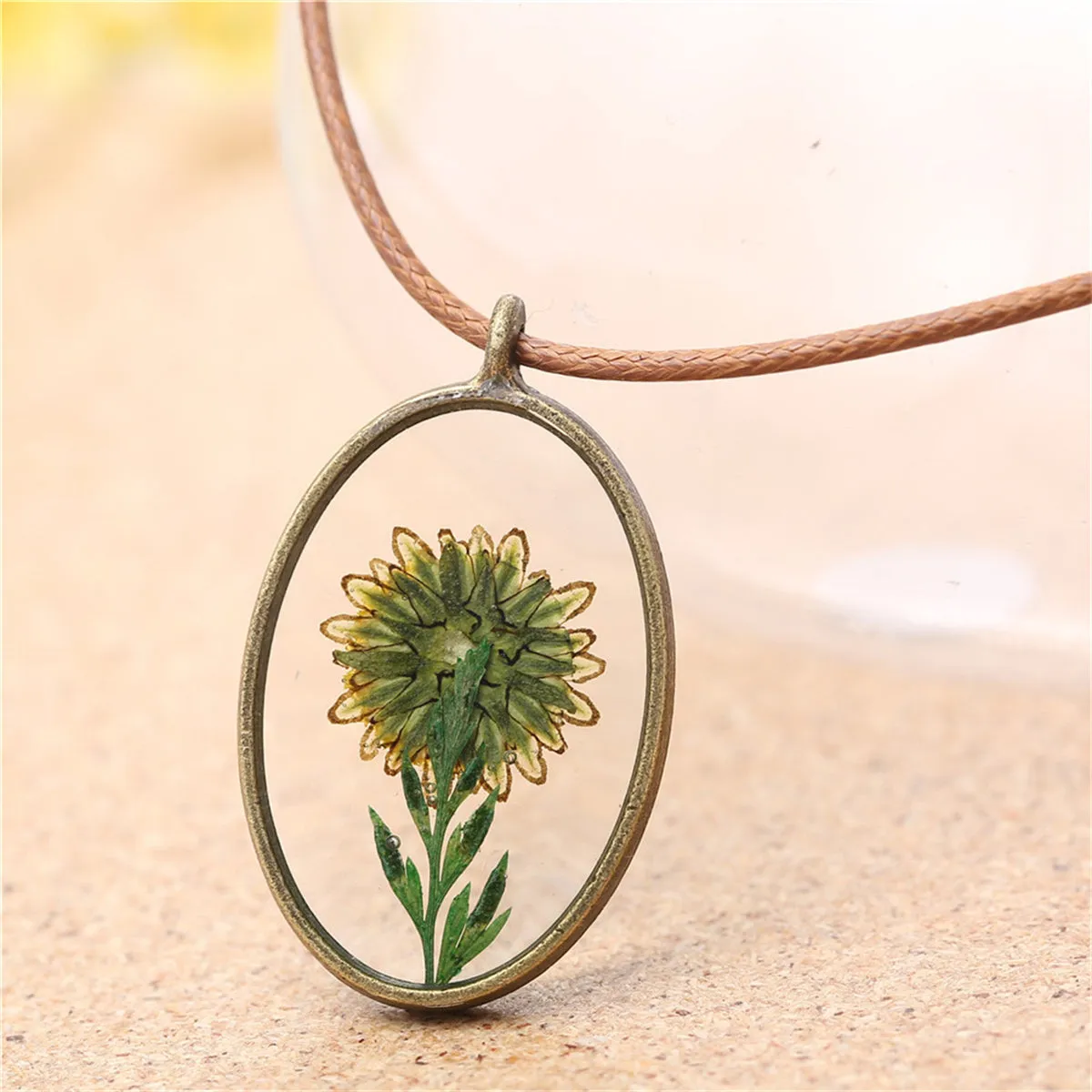 Yellow Mum Oval Pendant Necklace