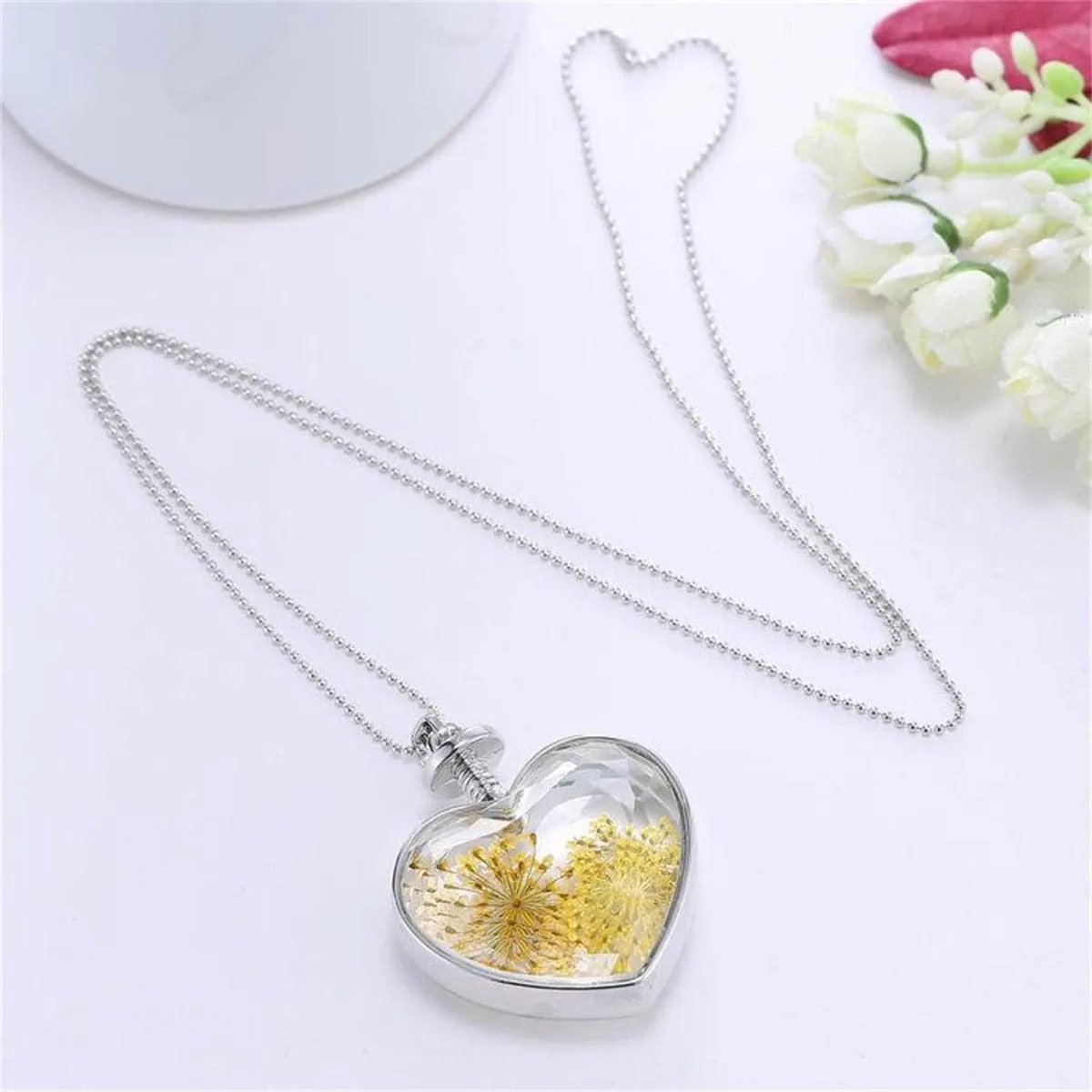 Yellow Pressed Gypsophila & Silver-Plated Heart Pendant Necklace