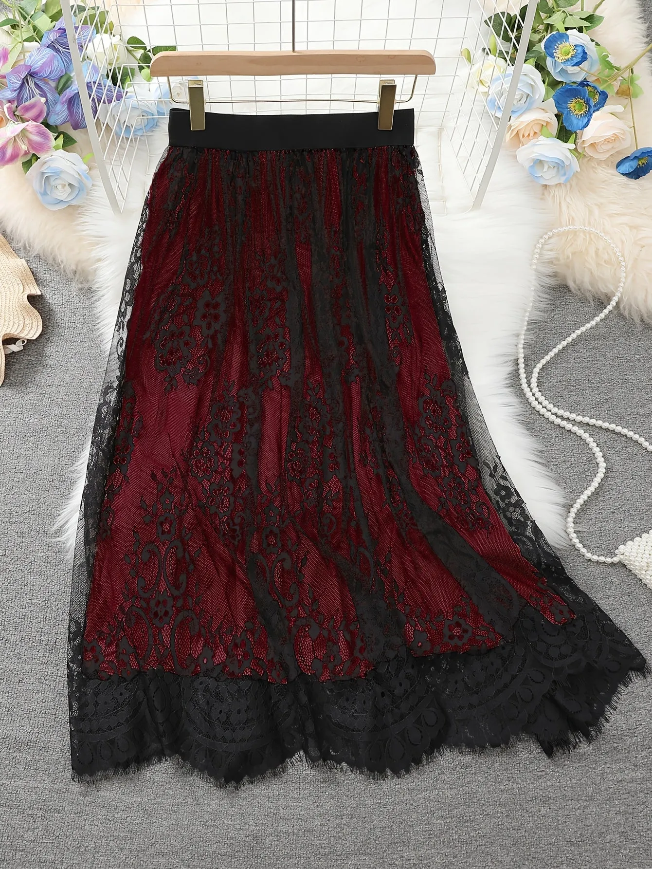 Yuelei Contrast Lace Women's Fashion Plus Size Midi Skirt