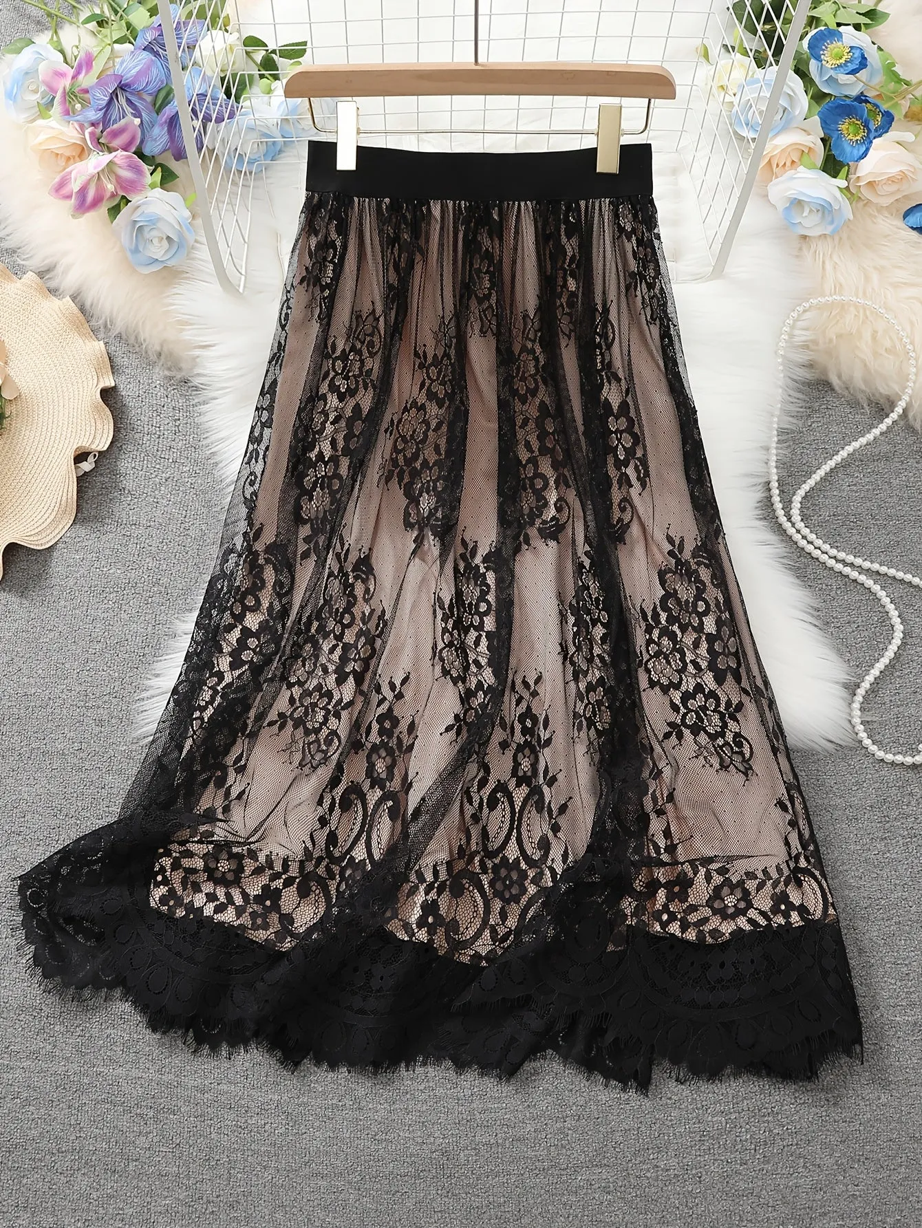 Yuelei Contrast Lace Women's Fashion Plus Size Midi Skirt