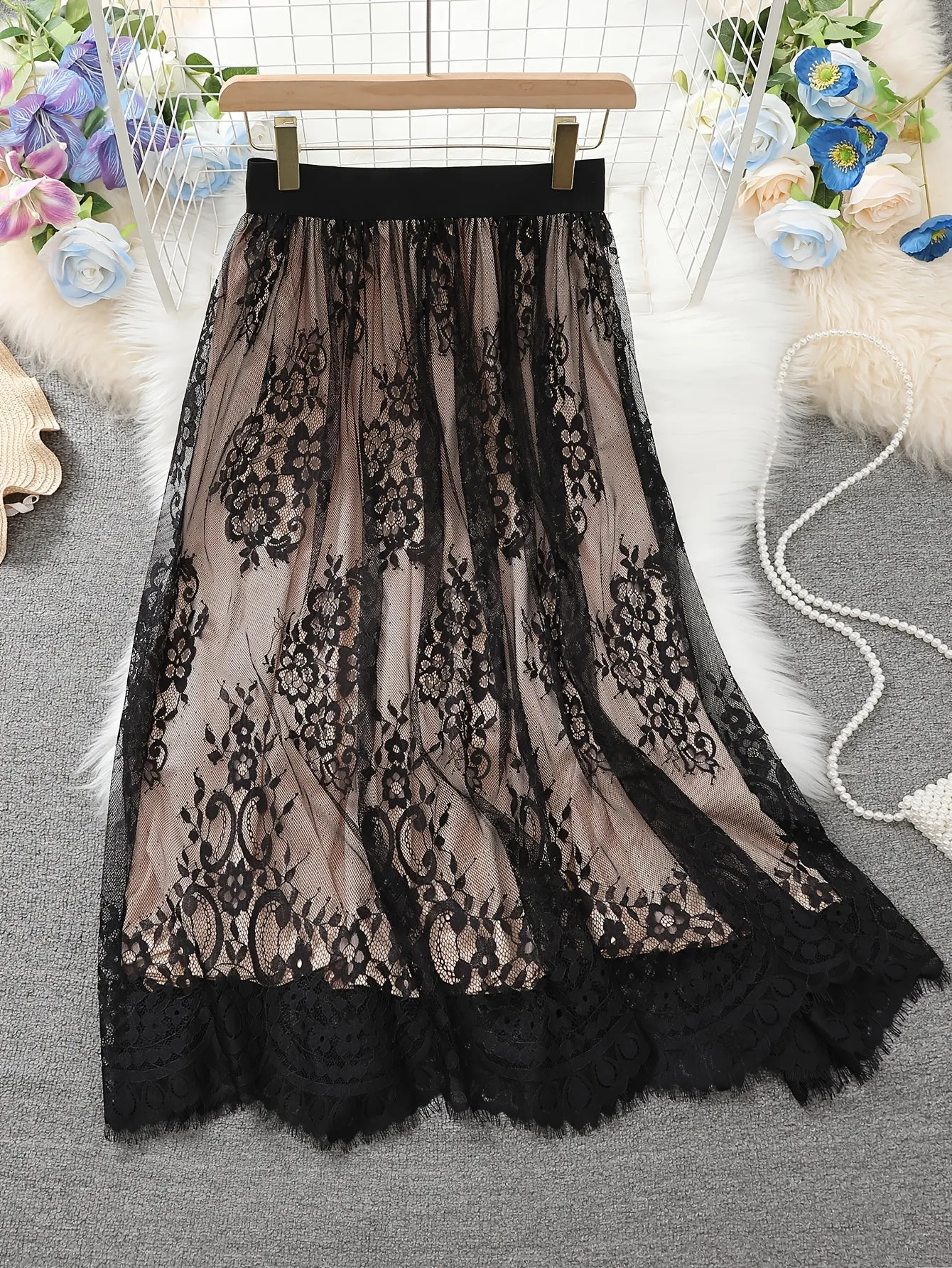 Yuelei Contrast Lace Women's Fashion Plus Size Midi Skirt