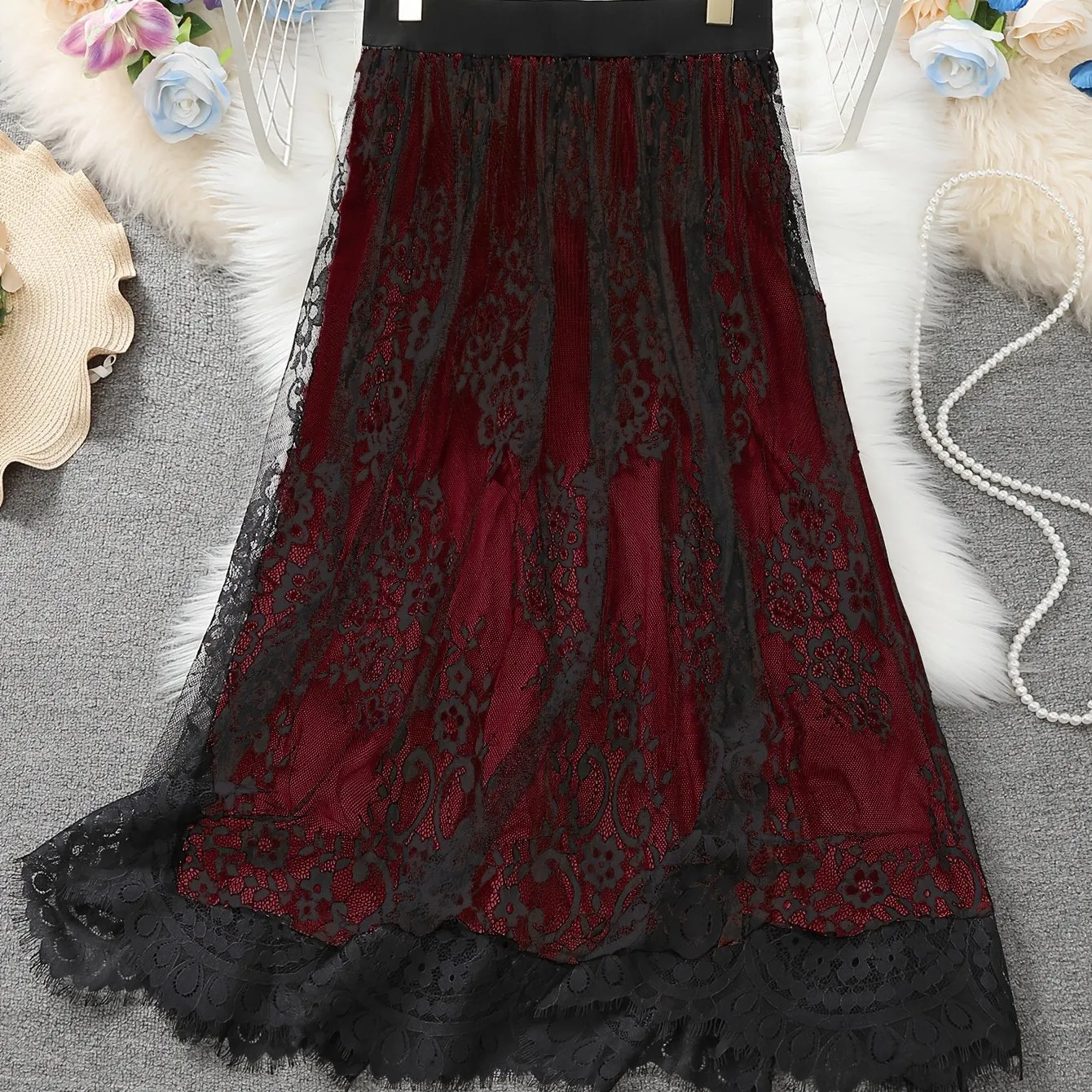 Yuelei Contrast Lace Women's Fashion Plus Size Midi Skirt