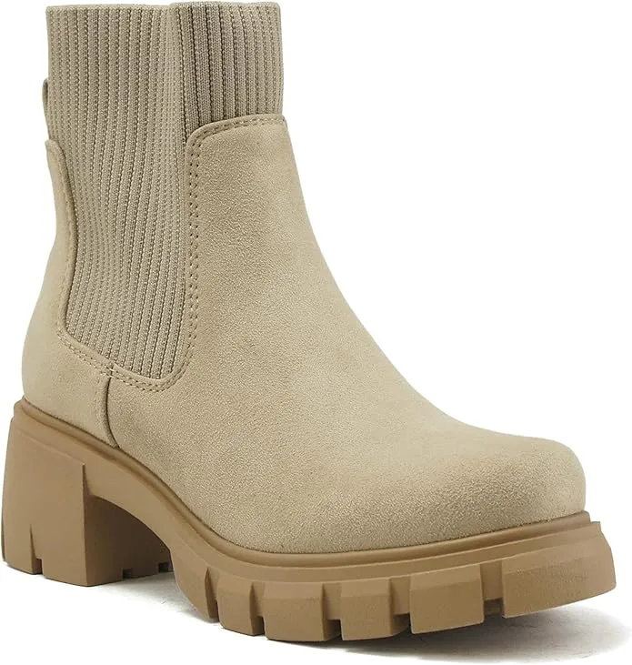Zordy Women's Lug Sole Mid Heel Chelsea Ankle Bootie